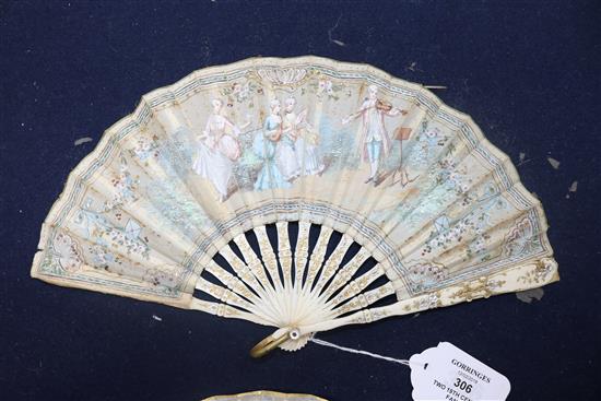 Two 19th century European fans with gouache painted leaves Largest 16cm